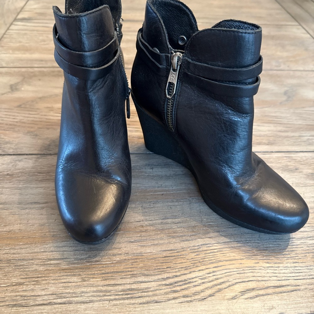 UGG Black Leather Wedge Ankle Booties